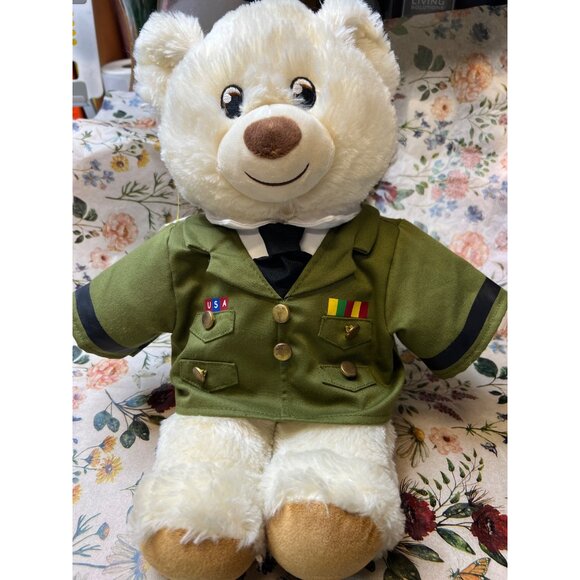 Build-A-Bear Workshop White Bear In Green Military Jacket - Picture 2 of 5